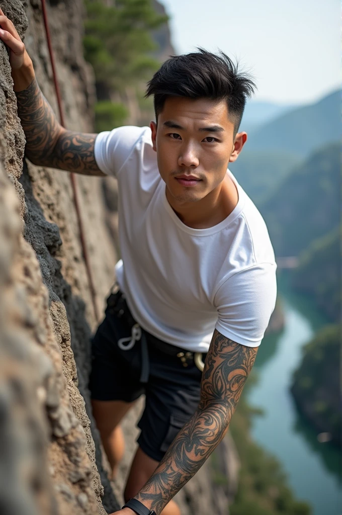 Masterpiece, best quality, high resolution, close up portrait, focus man, Focus only, Young Asian Man, pretty shirtless Sweating hairy guy hiking, Looking down at the camera angle, bleached blonde hair, 25 years old, Hiking and climbing, View from below, dirty, close up, Interesting view., thin and lean body, The face is beautiful, cute and masculine., Beaming, สวมเป้เดินป่าจ็อกสแตรปสีขาวdirty, Spread legs, dirty, Sweating, Hairy legs, thin, half naked, bare chest, There are mountains in the background., hiking trail, outdoor, View from below, amazing composition, HDR, Volumetric light, Special quality, elegant, Highly detailed