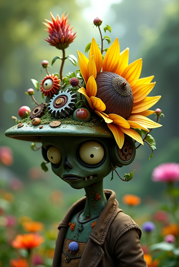 (8k, best quality, photorealistic, realisti), a greek male adult model with green watermelon skin and features, he is playing a trumpet in a surreal garden world surrounded by other fruit and vegetable creatures, they are all friendly and happy