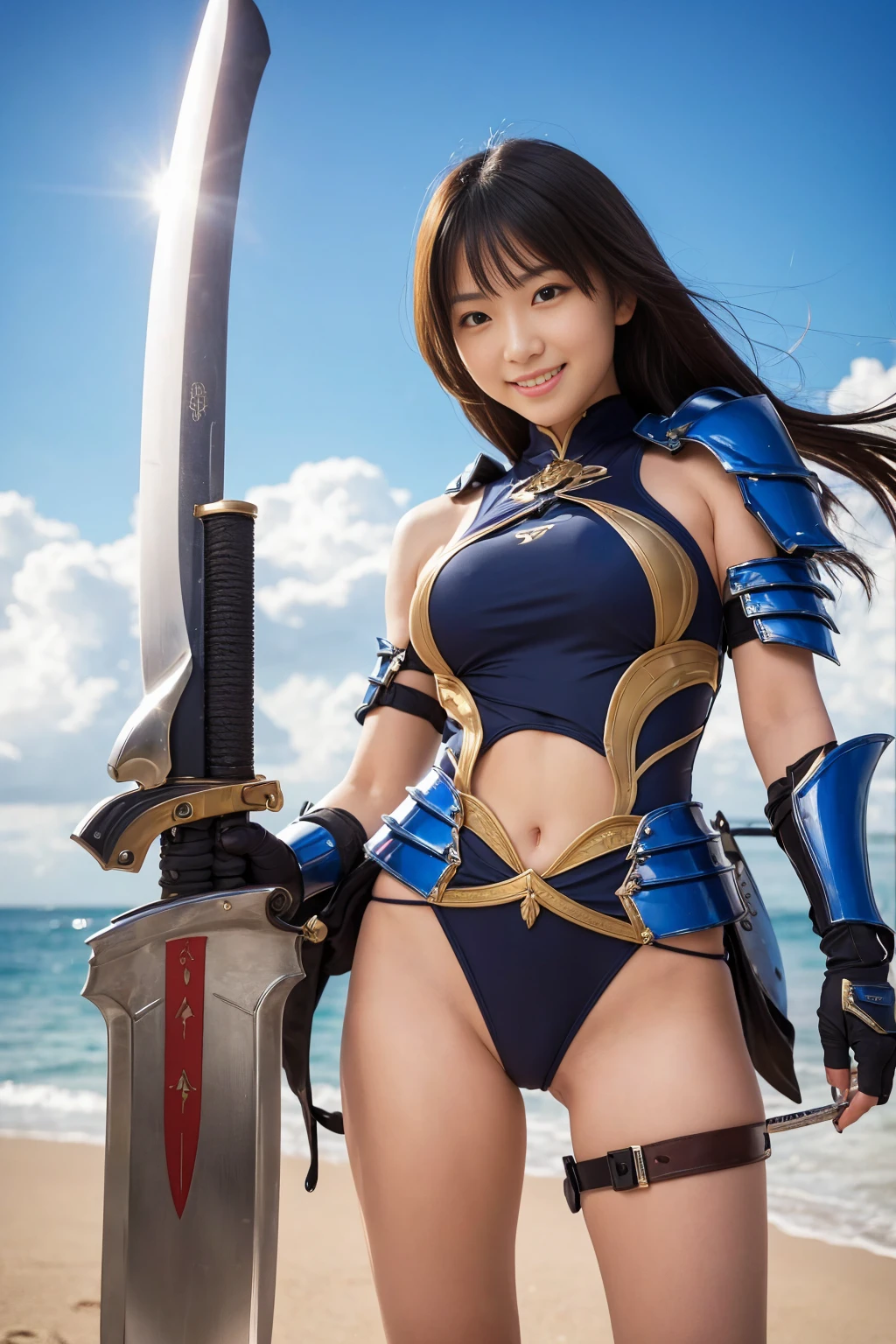 ((highest quality)), (be familiar with), perfect face, Japanese, girl, smile, Full body Esbian:1.5, big breasts:1.5, Woman warrior:1.5, high-leg Racing-Style swimsuit Monokini armor:1.5, adventurer, huge sword, huge sword, huge sword, huge gun, Sony FE GM