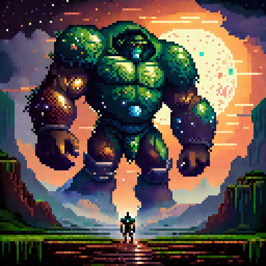 Create an cinematic picture for a dark fantasy where a big powerful titan is looking to a small earth, make the whole image look like pixel art style