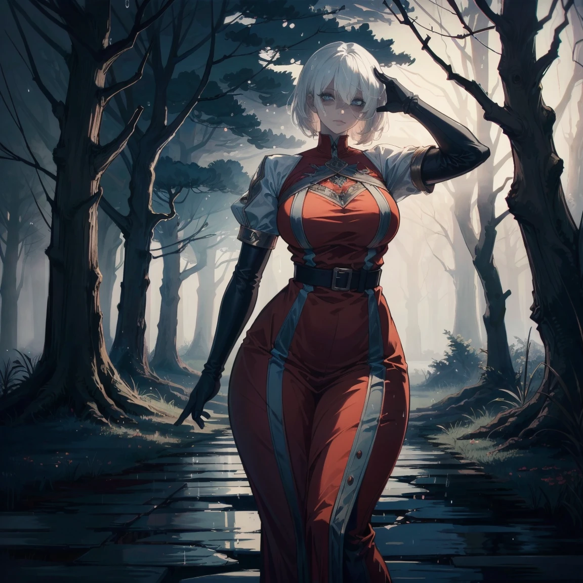 (outside, forest, raining, evening, soft light, dim lit, moody vibe, horror \(theme\), ), (insanely detailed, beautiful detailed face, masterpiece, best quality), 1girl, mature female, (white hair), blue eyes, light skin, sad,red tight elegant dress,short blonde hair, curvy, plump, motherly, hands behind head,