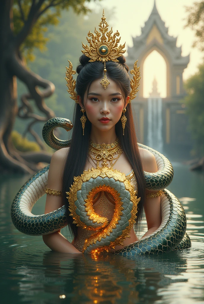 araffe woman in a skirt holding a snake in the rain, snake woman hybrid, snake woman, queen of snakes, snake human hybrid, snake-face lady, mixed with snake, anime thai girl, beautiful digital artwork, tithi luadthong, hyperrealistic fantasy art, coiled realistic serpents, by Rudy Siswanto, amazing fantasy art
