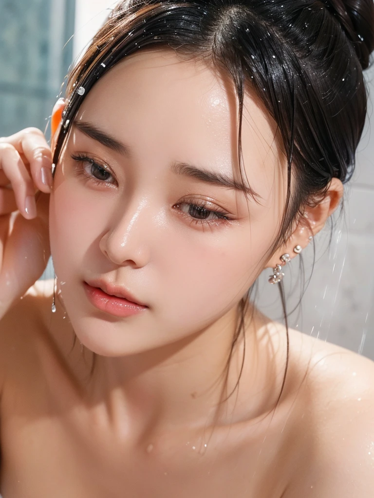 An Asian woman in her 20s, who has a small face and a small nose and mouth, but has big eyes, is soaking in a bathtub. The bathtub is full of soap bubbles that only the neck and face are visible.