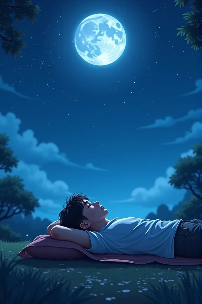 Alone teen age boy slleeping 
in night time seeing moon