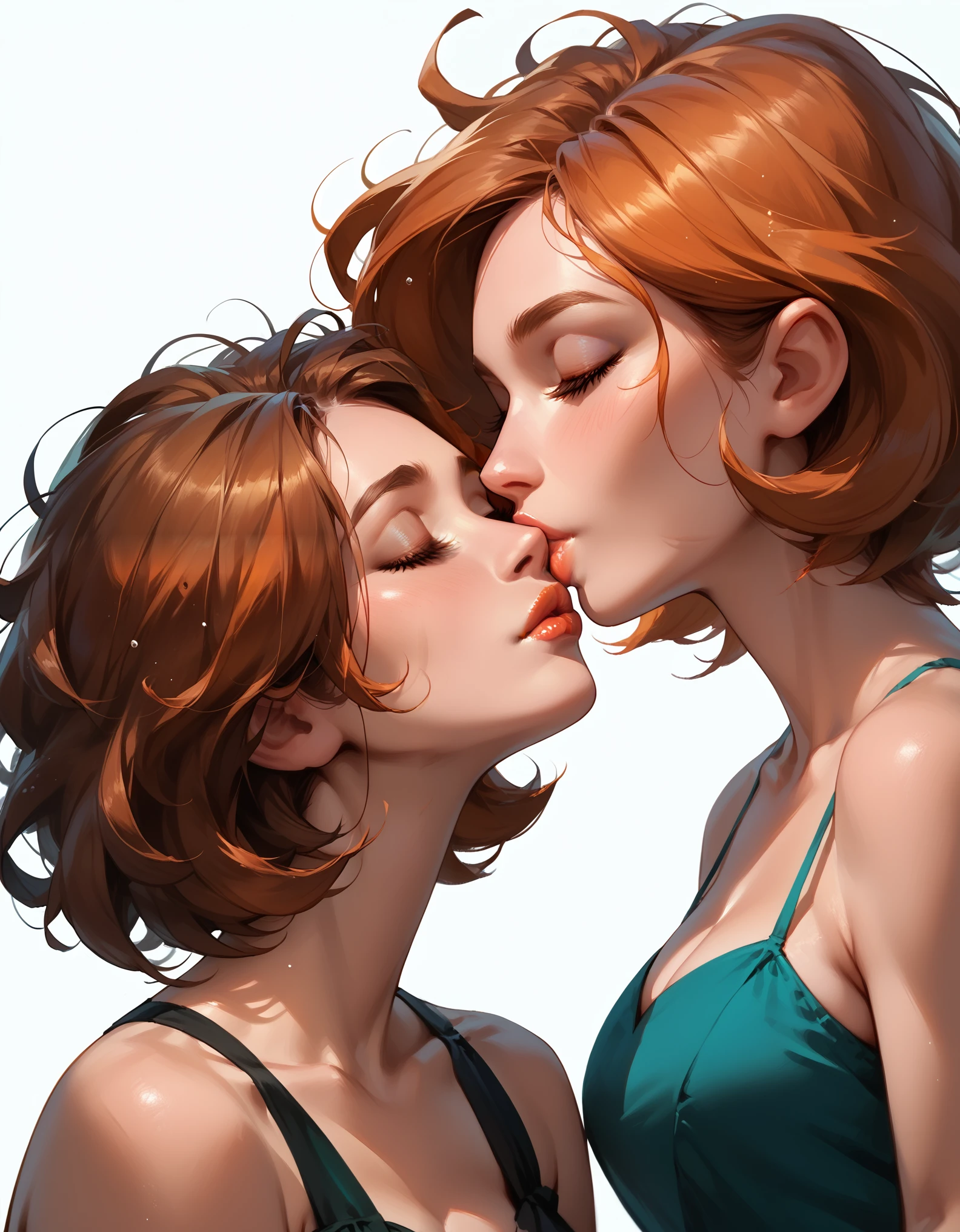 score_9, score_8_up, score_7_up, rating_questionable, epiCPhoto, 2girls, duo, couple, yuri, very sexy (Aunt Cass, brown hair, messy hair, short hair, wearing a black_dress:1.5), and (annpossible, orange-red hair, short hair, wearing a teal_dress:1.4), (focus on lips, kiss, deep kiss, passionate kiss:1.3), beautiful, graceful, elegant, beautiful scene, soft romantic lighting, in love, loving look on their faces, flirt, gaze, sexy look, eyes closed, head tilt, filled lips, thick lips, makeup, dark, moody, (dimly lit:1.4), face portrait, close-up shot, highly detailed, sexy scene, absurdres, 4k, masterpiece, best quality.