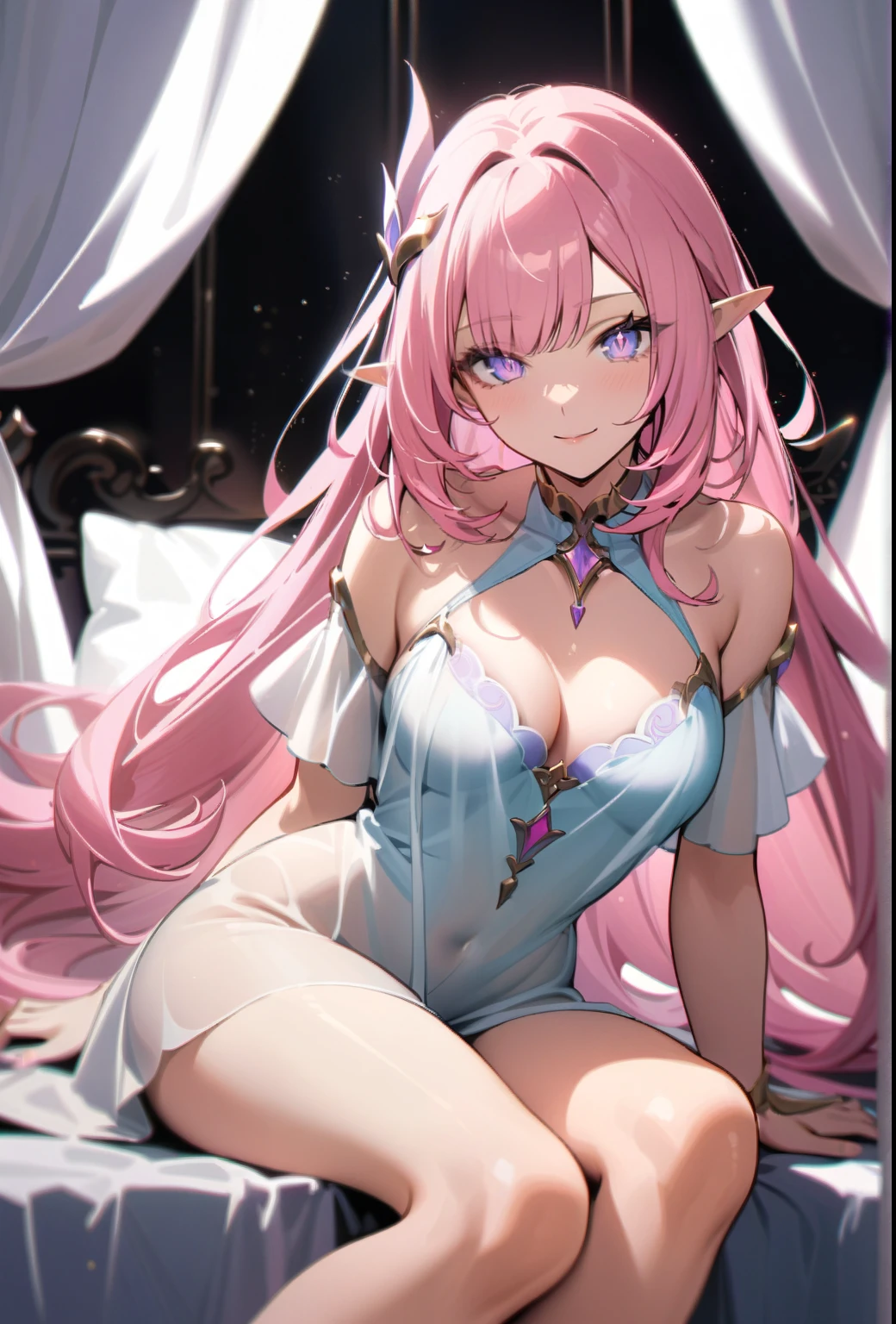 (Masterpiece, best quality, 4k, 8k, highres:1.2), 1 girl, beautiful detailed eyes, beautiful detailed lips, extremely detailed eyes and face, long eyelashes, elysia, very long pink hair, pointed_ears, Parted Lips, Masterpiece, wearing long loose fit flowing shimmering silk chiffon white night gown with medium length flutter sleeves and lace details, alluring smile, long legs, lying down on a fancy princess style canopy bed with sheer curtains and dangling crystals, full body, colored pencil illustrations, slender, narrow waist, fantasy palace pink and white theme bedroom, round breasts, detailed_eyes, long_eyelashes, pink_lips, glossy lips, narrow_waist, wide_hips, seductive, flirtatious