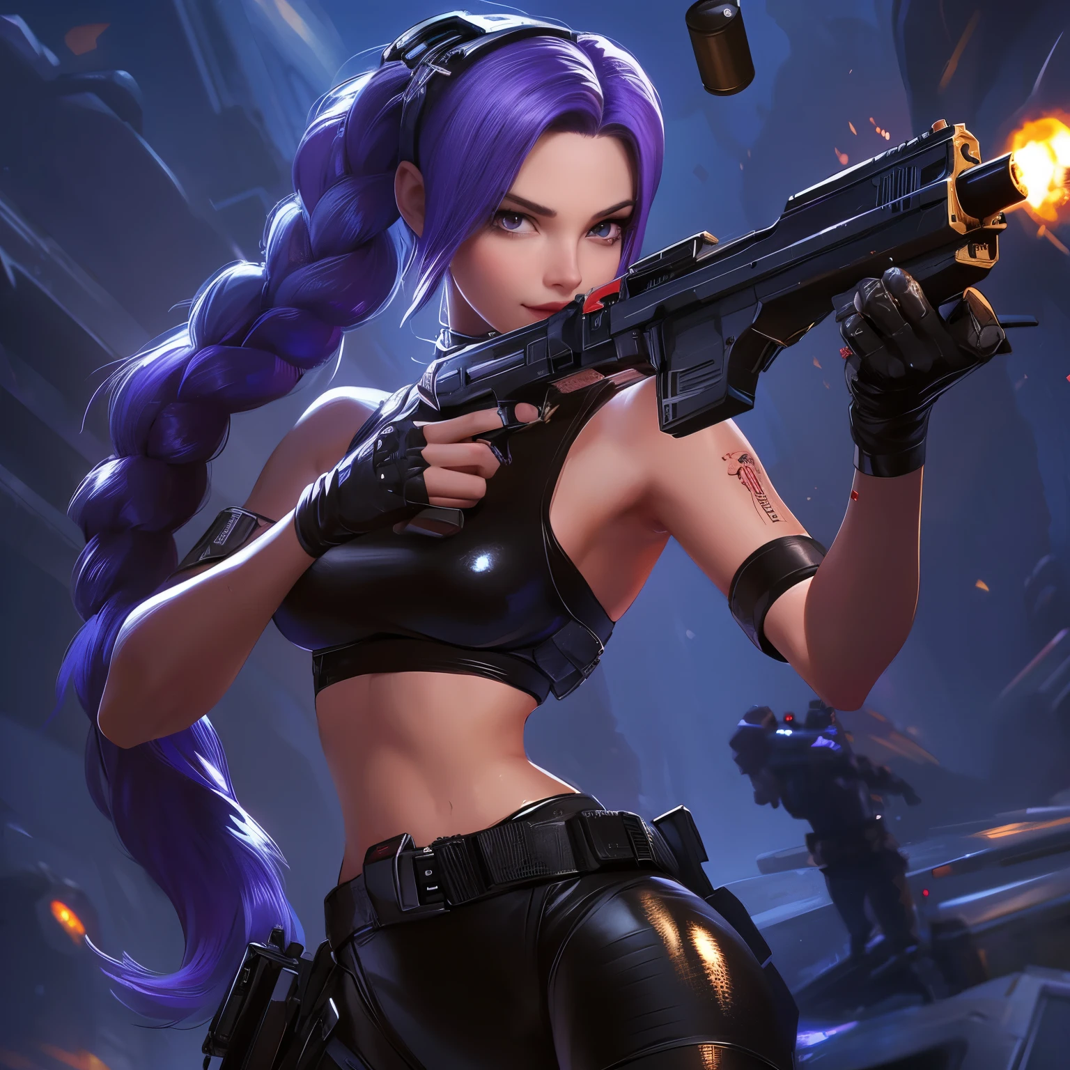 iw 2,SD 1.5,Game character design, Italian beauty with purple hair in long braids，a .beautiful female sniper, long purple hair, holding a gun in both hands, wearing black tights, handsomely lifting her hand, swinging her gun to attack the other side, sniping, cold expression, handsome face, she is holding a futuristic pistol, smiling at the audience, the background is a cyberpunk city, cartoon style, rich in details, digital art, for mobile games, bright colours, casual graphics, smooth textures, the Fine colouring, high resolution, high quality ，Octave Rendering, Pinterest, 3D Rendering, Best Quality, Pro Lola Theatre, Soft Focus and Ethereal Lighting Styles, 3D Pixar 2.5 Styles , Extremely detailed cg unity 8k Wallpaper, Extremely detailed cg unity 8k, , Ultra detailed cg unity 8k, , Extremely detailed cg unity 8k, , Extremely detailed cg unity 8k Extremely detailed cg unity 8k, 2D , LORA, 2D