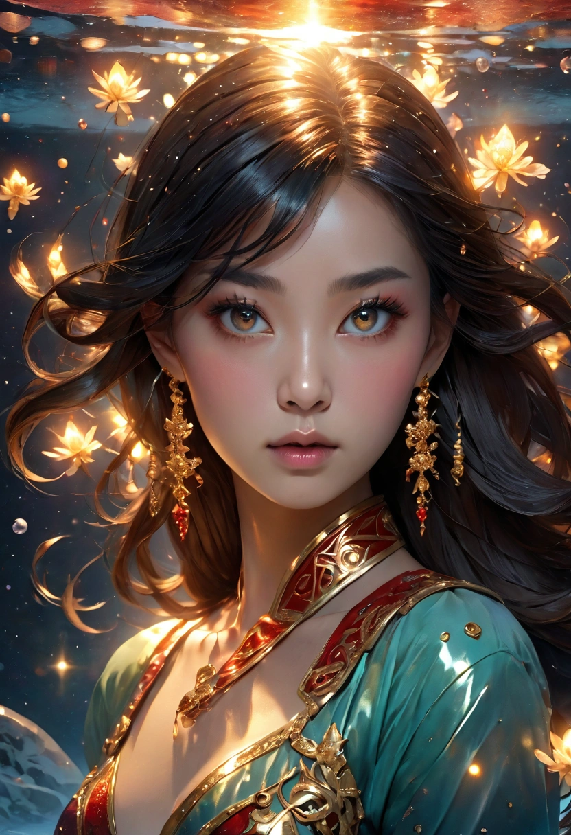 (masterpiece, best quality, beauty, best ratio, best shadows,best Illustration, wallpaper size,1080×2400 pixels,detailed face,1 girl, crystal theme, ultra detailed costume) 

Uhd, super model pure beauty (big clear sad eye, golden ratio face, long hair,full body visible) korean female emits magical light penetrating the water from the bottom of the ice pool, coming out with ice crust fragments spreading all over the place. Holding a petal jade with red smoke emitting dust grains forming a constellation of cosmic up in the sky.
The background of crystal-clear water bubbles forms a starlight in red and gold pattern. 
128k,cinematic lighting, 1080x2400pixel.