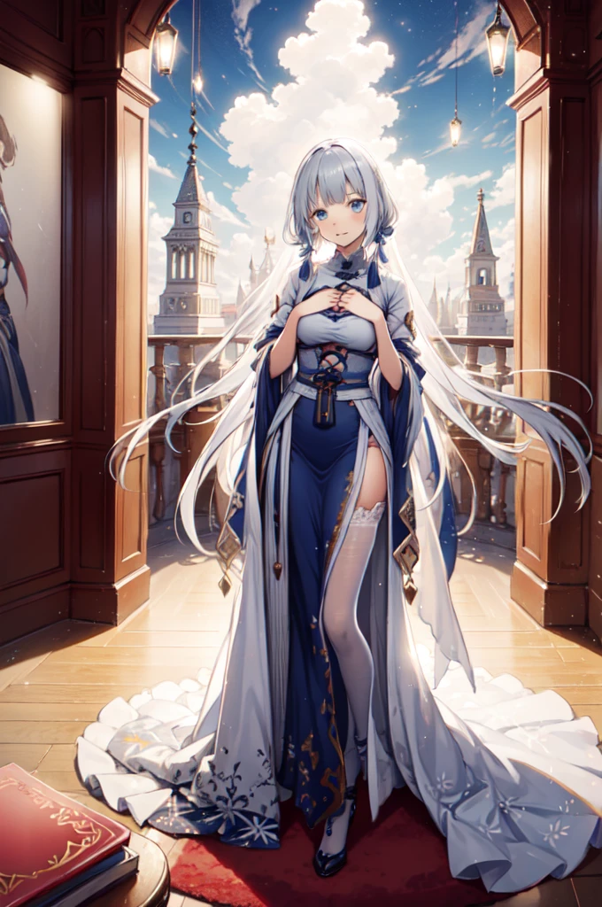 (best quality,4K,8K,high resolution,masterpiece:1.2),Extremely detailed,milf,,magic,enchanting,joy,Divine goddess,magical effect,Silver hair,Blue eyes,Transparent dress,Exquisite decoration,Features of the magical costumes of the heavens，A small amount of sky blue cloth,Exquisite clothing,Layered Skirt,detailed lace,Delicate ruffles,bedroom,Alone,at night,Lace pantyhose,Sacred stripes,Transparent clothing,Jewelry embellishments