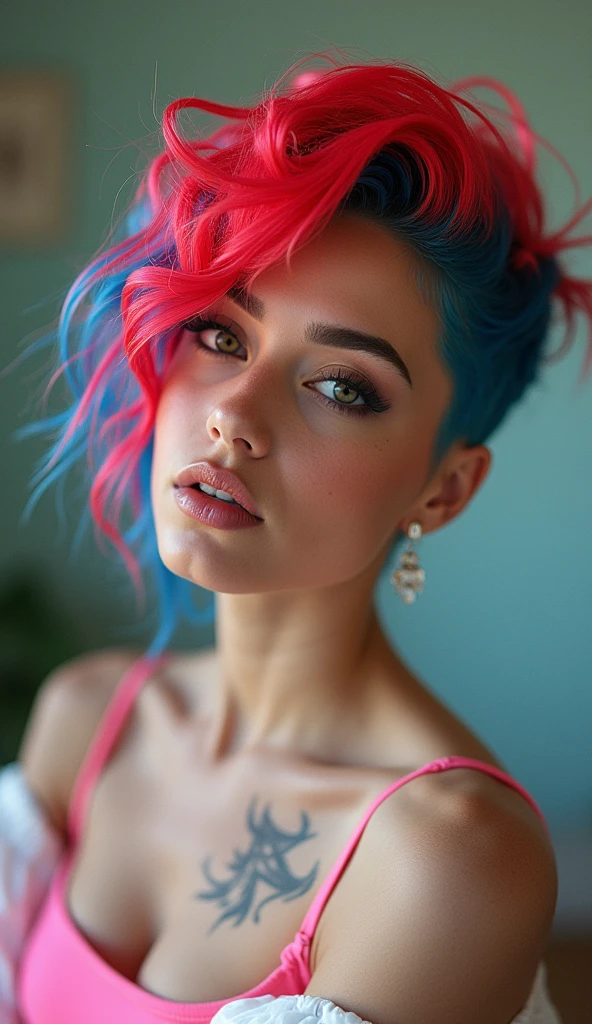 1women, naked, seductive expression, bright red lips, sexy tattoo on hand, black and blue multi colored hair, short hair , wavy hair, messy hair, curly hair, black eye liner, blue eye shadows makeup, beautiful detailed blue eye, sexy neckline, large neckline