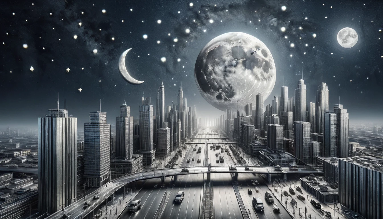 A dreamlike cityscape where all the buildings and roads are made of steel, The moon and stars create a mesmerizing sight 