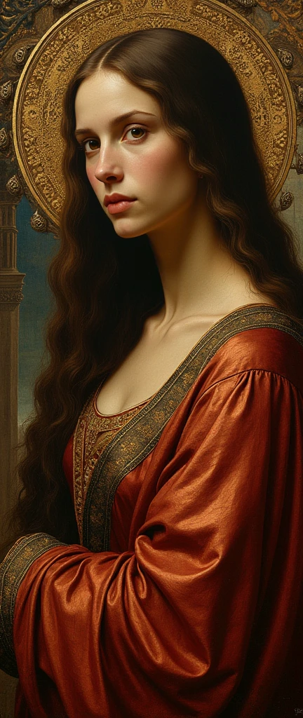 um close up de uma pintura de uma mulher linda com longos cabelos ruivos, como uma deusa, realista, beleza deslumbrante, em uma mistura de estilo de Botticelli, estilo Botticelli, Boticelli, Estilo Sandro Botticelli, Afrodite Deusa do Amor, Botticelli, No estilo de Sandro Botticelli, inspirado em Sandro Botticelli, Sandro Botticelli. muito macio