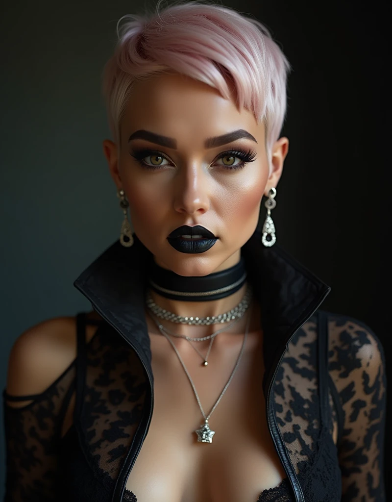 1girl,mowhawk with shaved sides, goth, lingerie, indoors, perfect breasts, black lips, black lipstick