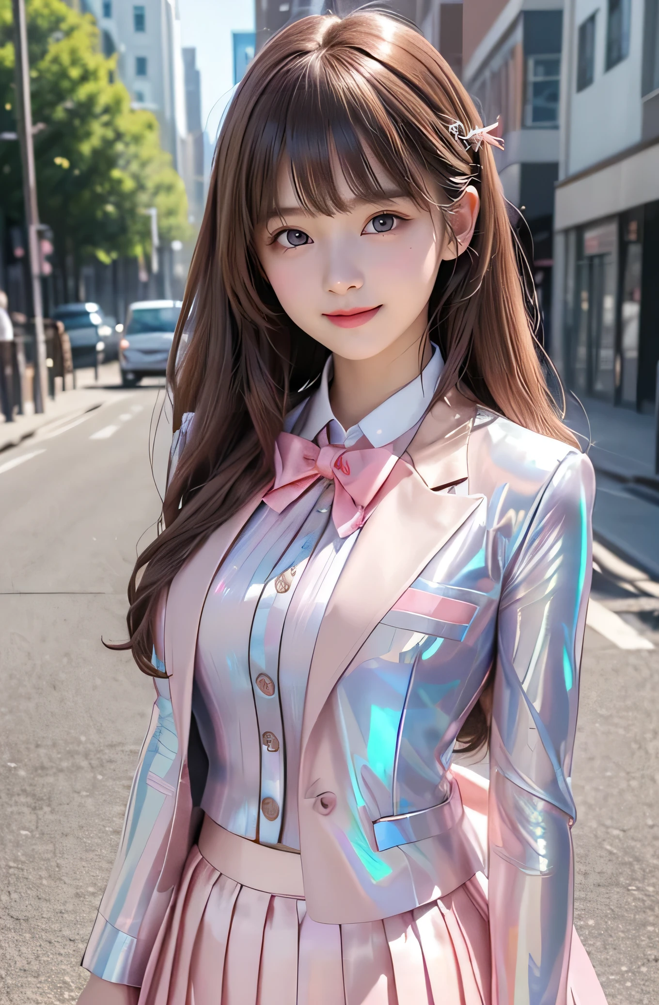 Very beautiful cute girl) (very cute face:1.2),(baby face),(sparking clear attractive large eyes:1.2), Beautiful detailed eyes, Detailed double eyelids, smiling, (realistic photograph:1.1), in the street,
(Super Shiny Metallic pale coral pink transparent holographic Blazer and Pleated Skirt :1.2),School uniform, Ribbon bow Tie,
(brown hair:1.2),professional portrait ,costume with very smooth and strong reflective surfaces