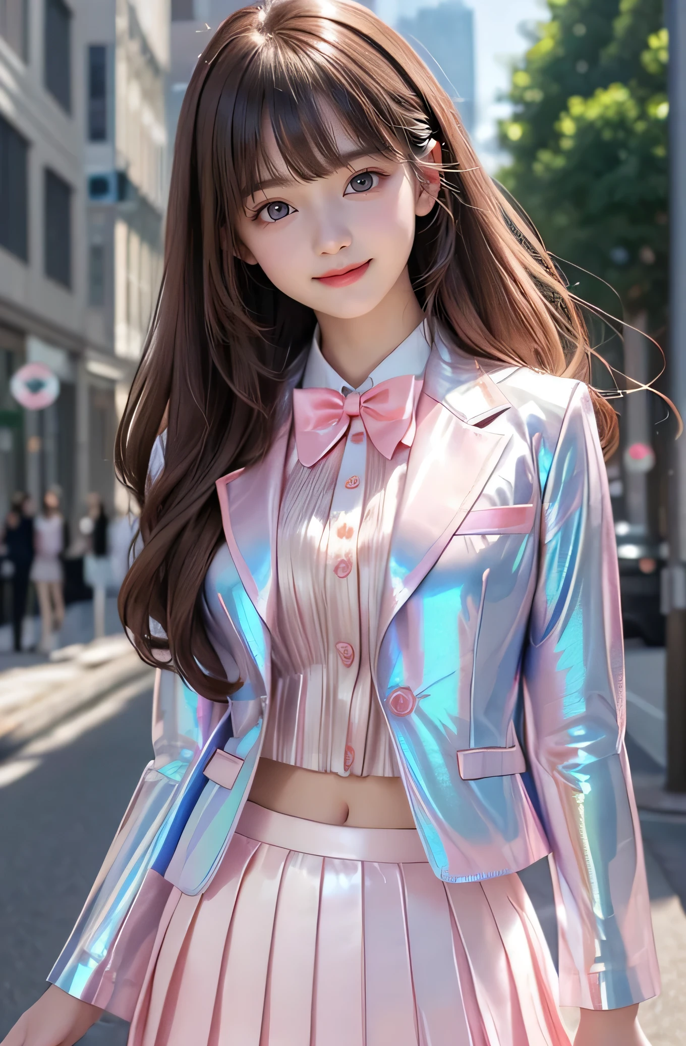 Very beautiful cute girl) (very cute face:1.2),(baby face),(sparking clear attractive large eyes:1.2), Beautiful detailed eyes, Detailed double eyelids, smiling, (realistic photograph:1.1), in the street,
(Super Shiny Metallic pale coral pink transparent holographic Blazer and Pleated Skirt :1.2),School uniform, Ribbon bow Tie,
(brown hair:1.2),professional portrait ,costume with very smooth and strong reflective surfaces 