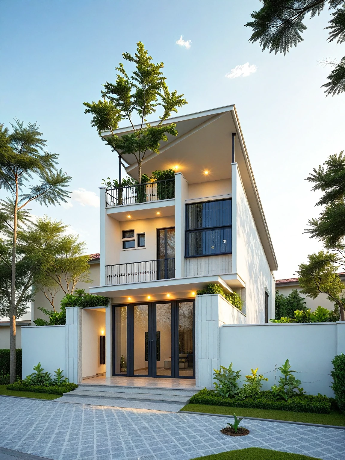 Architectural style Architectural style,  ((Classic Style House)),(masterpiece) , ((best quality)), dramatic lighting, high quality outdoors, sky, day, cloud, tree, blue sky, building, scenery, road, real world location,  sunlight, enough detail, high resolution,super realistic, Photorealistic, highly detailed, balcony, plants, door, car, truck, parking slot, paving, . Clean lines, architectural drawing, highly detailed  , . Clean lines, geometric shapes, minimalist, modern, architectural drawing, highly detailed