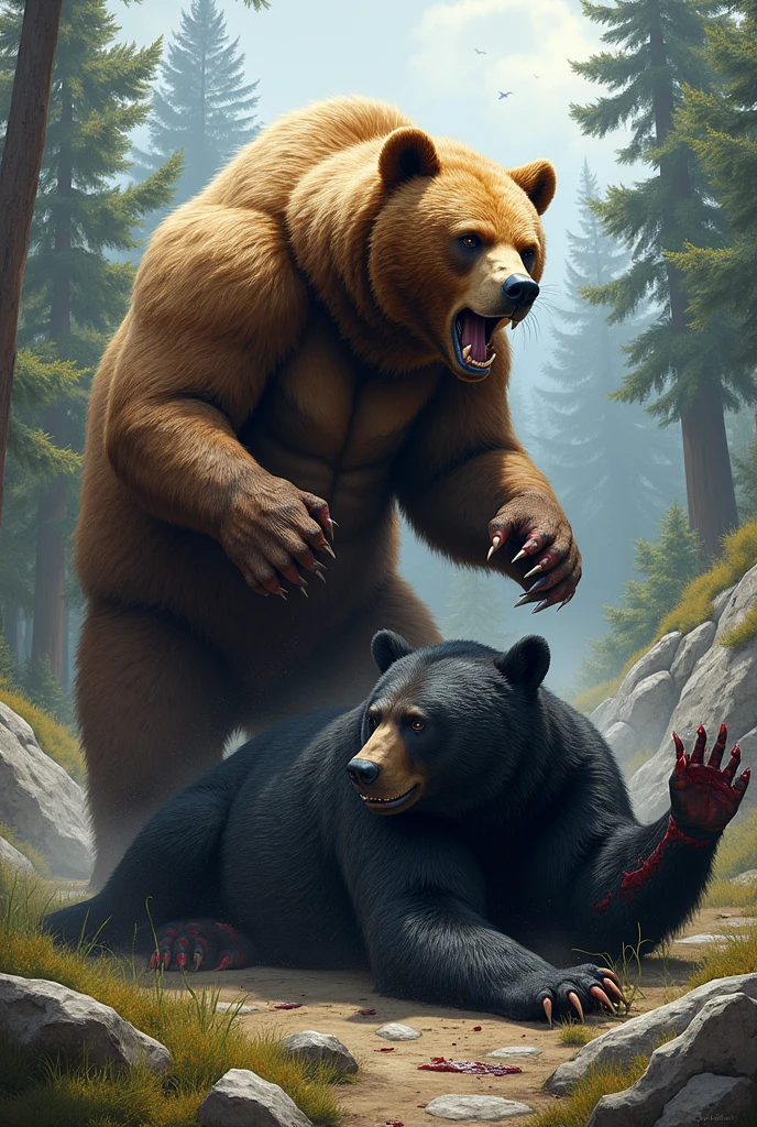 Bear holding only the head of a bloody black panther 