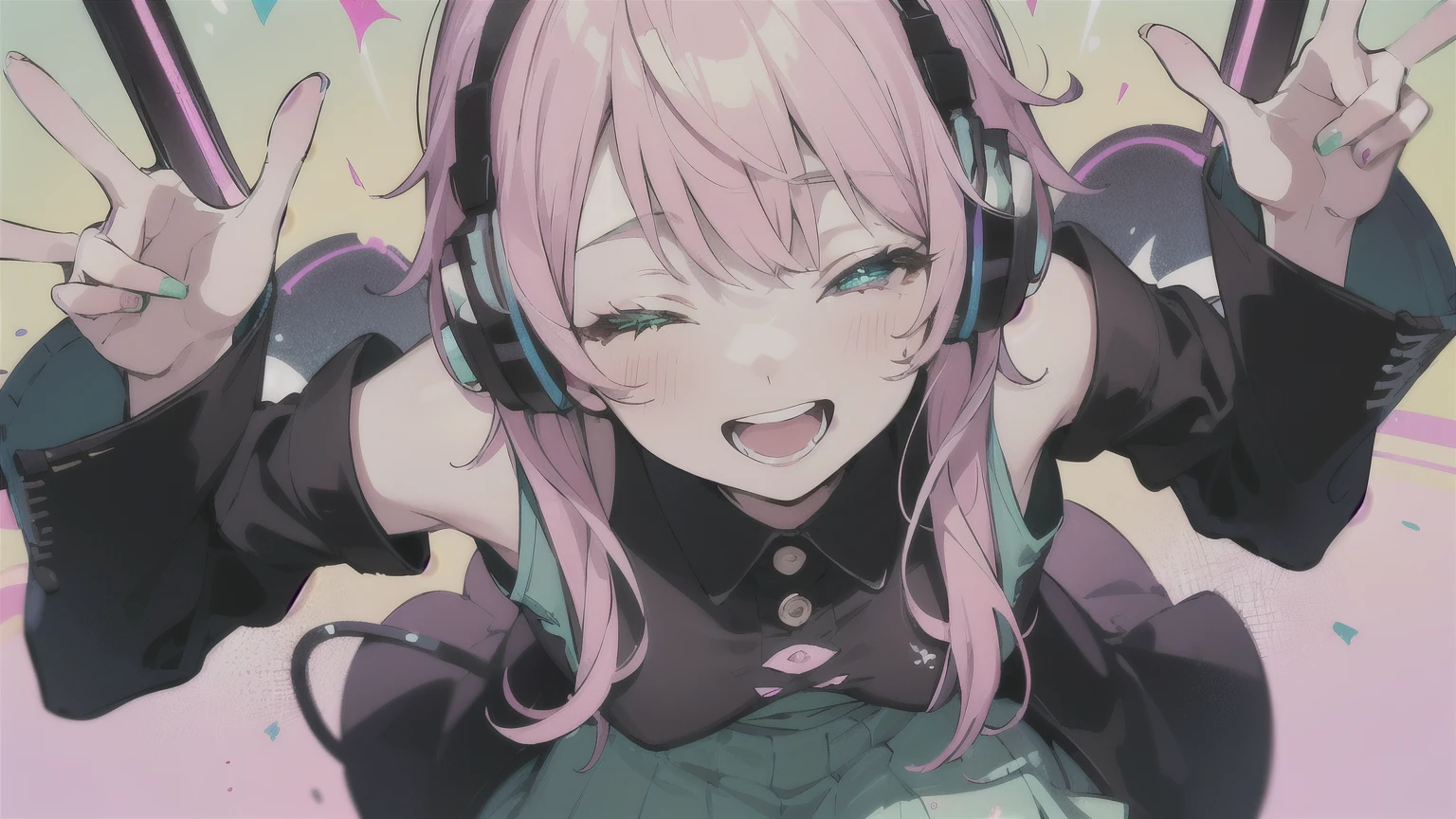 masterpiece, best quality, very aesthetic, absurdres, newest,open_mouth,fellatio_gesture,FellatioGesture,heart-shaped eyes,,1boy, astolfo \(memories at trifas\) \(fate\), fate \(series\), pink hair, official alternate costume, otoko no ko, braid, long hair, open mouth, skirt, bow, jacket, multicolored hair
,from above,in a playground
