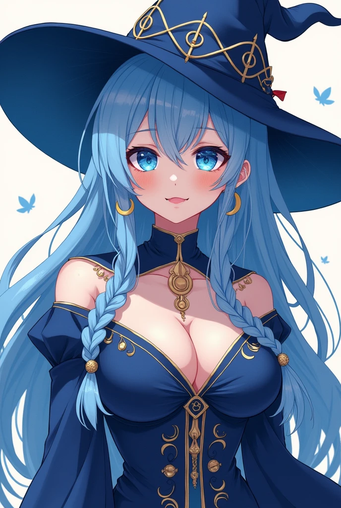 witch, blue haired, big breast, sweaty cleavage, metallic blue lingerie