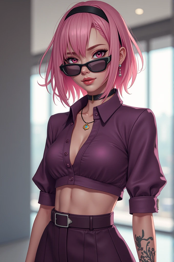 woman in a suit, short pink hair, green eyes, cleavage