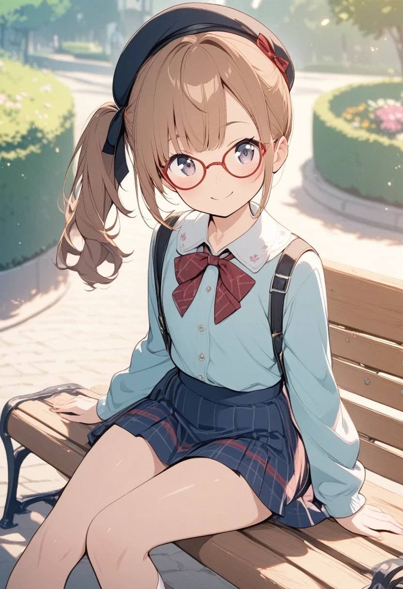 (depicting a single moment from a anime for s), ((braid, glasses, pleated skirt, ribbon, round face, eyes with realistic sizing, drooping eyes, blush, shame smile, thin lips, spread legs)), (((standing and straddling to hit her crotch against the corner of the table for self pleasure))), open mouth, (outside, on the sidewalk, terrace table),
