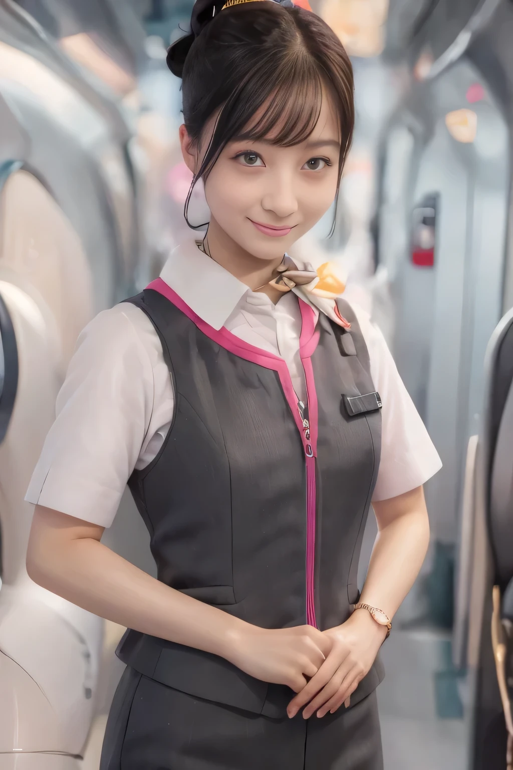 (masterpiece:1.2, Best Quality:1.2), 32kHDR, High resolution, (Alone、One Girl)、(Ride the bullet train、Professional Lighting)、Car interior background、(Realistic style of JR Gran Class crew uniform)、Short sleeve blouse、Scarf around the neck、(JR Gran Class flight attendant uniform with pink parts on the skirt sleeves)、(The uniform of the flight attendants of JR Gran Class、The front zipper of the vest has a pink line..)、Dark Brown Hair、(Hair tied up、Hair Bun、Hair Bun)、Dark Brown Hair、Long Shot、Big Breasts、((Great hands:2.0)),((A harmonious body shape:1.5)),((Normal limbs:2.0)),((Normal finger:2.0)),((Delicate eyes:2.0)),((Normal eyes:2.0)))、Luxury Necklace、smile、Beautiful standing posture,
