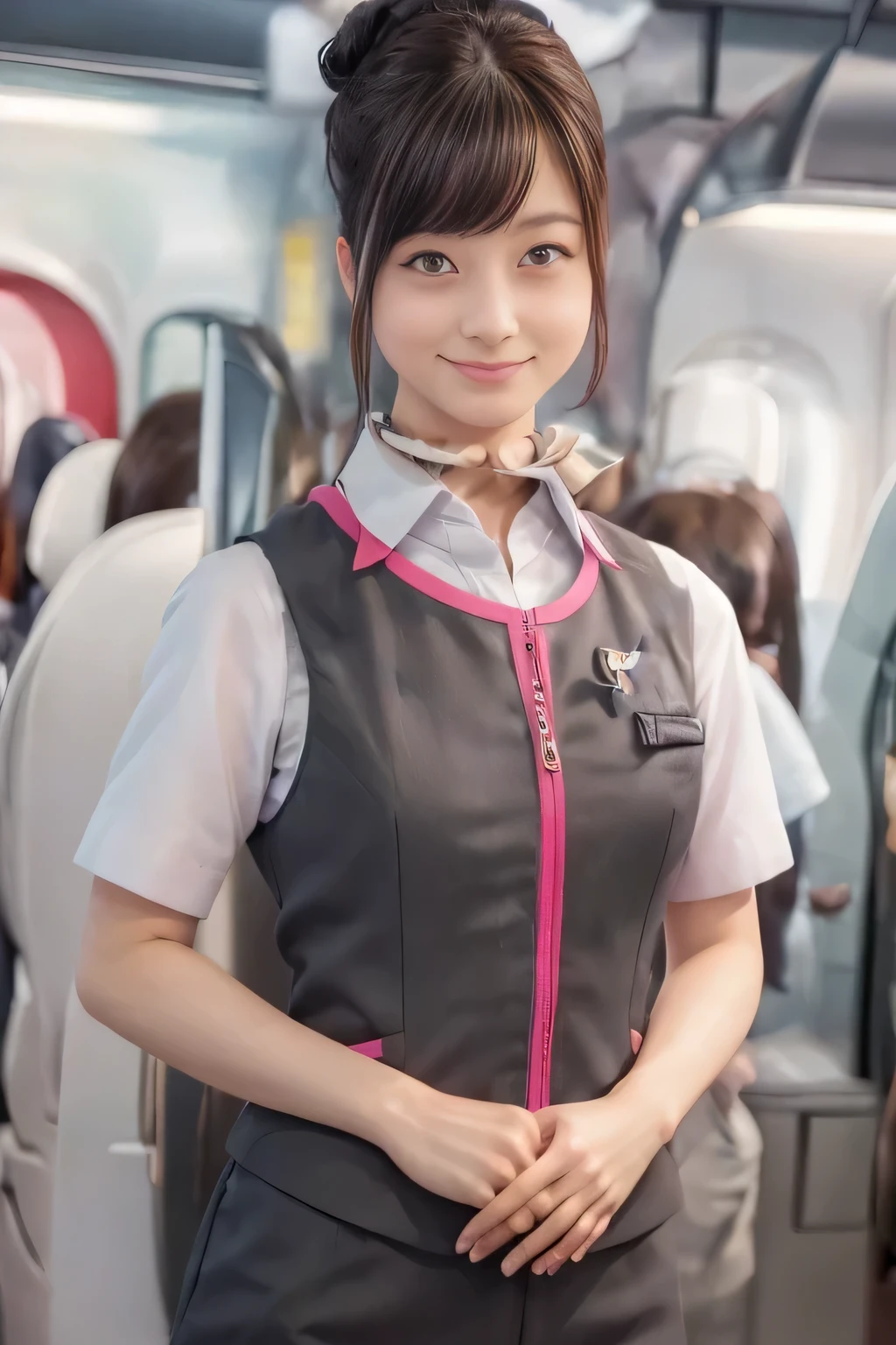 (masterpiece:1.2, Best Quality:1.2), 32kHDR, High resolution, (Alone、One Girl)、（Ride the bullet train、Professional Lighting）、Car interior background、（Realistic style of JR Gran Class crew uniform）、Short sleeve blouse、Scarf around the neck、（JR Gran Class flight attendant uniform with pink parts on the skirt sleeves）、（The uniform of the flight attendants of JR Gran Class、The front zipper of the vest has a pink line..）、Dark Brown Hair、（Hair tied up、Hair Bun、Hair Bun）、Dark Brown Hair、Long Shot、Big Breasts、（（Great hands：2.0）），（（A harmonious body shape：1.5）），（（Normal limbs：2.0）），（（Normal finger：2.0）），（（Delicate eyes：2.0）），（（Normal eyes：2.0））)、Luxury Necklace、smile、Beautiful standing posture,