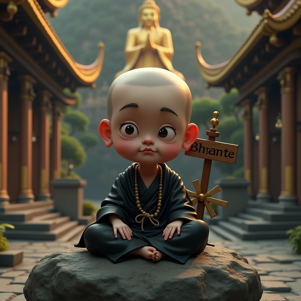 Obverse cute 3D cartoon little monk hands folded bald head