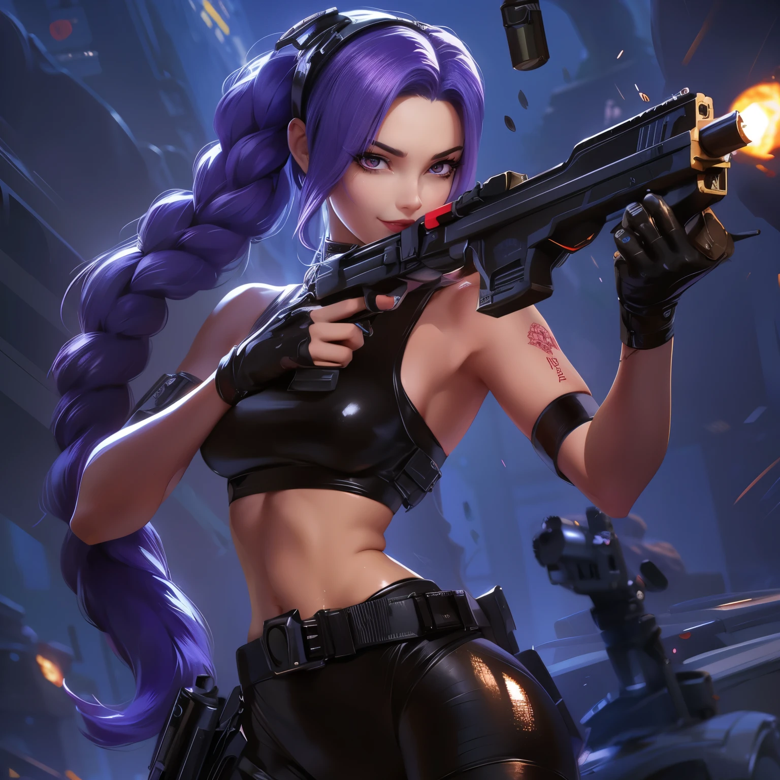 Beautiful female sniper，Purple long hair，Holding a gun with both hands and beautiful rose-red eyes，Red lips，Pretty face，Exquisite，，Wearing black tights，Raise your hand handsomely，Swing a gun to attack the opponent，When sniping，Grim expression，Handsome face，She is holding a futuristic pistol，Smiling at the audience，The background is a cyberpunk city