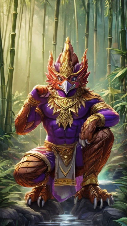 (1boy, bird, PhayaKrut King Garuda), (extremely detailed CG unit 8k wallpaper),(master part), (best quality), (ultra detail), (best illustration),(Tsukasa Hojo style), cowboy shot, Paw pose, show Paws show claws, (Sharp eyeliner, ombre, detailed eyes:1), bamboo forest, digital art, break , upper body, crouching, Sharp claws, 