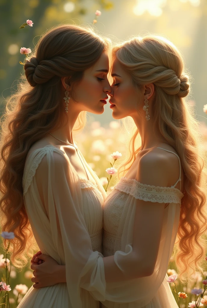 Gorgeous teen, in flower field getting , perfect body, beautiful gold and white gown, Strapless shoulders, front, golden hair that’s slightly curly, the 2 twins , Loving, both have a really long gown on, , 2 indentical girl/teen twins , they are kissing, white skin, royal gold and white gown, twins front are touching eachother, lips touching fully while kissing, , both are wearing a very gorgeous gown, both have beautiful shiny golden hair, , Only 2 twins, cheeks are rosy, happy mood, tears arms around each others shoulders, beautiful flowers in their hair, 8k, every part of the lips are touching all other parts of lips, fully kissing Eachother, , pretty, rosy lips, beautiful blue eyes that are partially open, flowers all in their hair, very expensive gold and white gown, super gorgeous eyes, gorgeous face, boobs are slightly touching, both love eachother so much, kissing eachother, embracing their love for one another, both are cute with very shiny golden hair, touching boobs and butt and holding hands, kissing, rosy cheeks, bottom half of gown is poofy, Both are in a gorgeous flower field, kissing declaring there, then , flowers all over the place, tears running from their eyes from their happiness, both are slightly leaning into one another and rapping there arms around the other while kissing, Both have golden hair with flowers in it, they are wearing super eligent gold and white wedding dresses with no sholder strap, super rosy cheeks, beautiful rosy lips, golden hair, kissing fully, big sexy size boobs, sexy butt, flower field in mountains with with flowers everywhere, they are both laying down with one on top of the other and kissing eachother fully, both laying down, having sex by kissing, incredibly rosy cheeks, kissing fully on the lips,