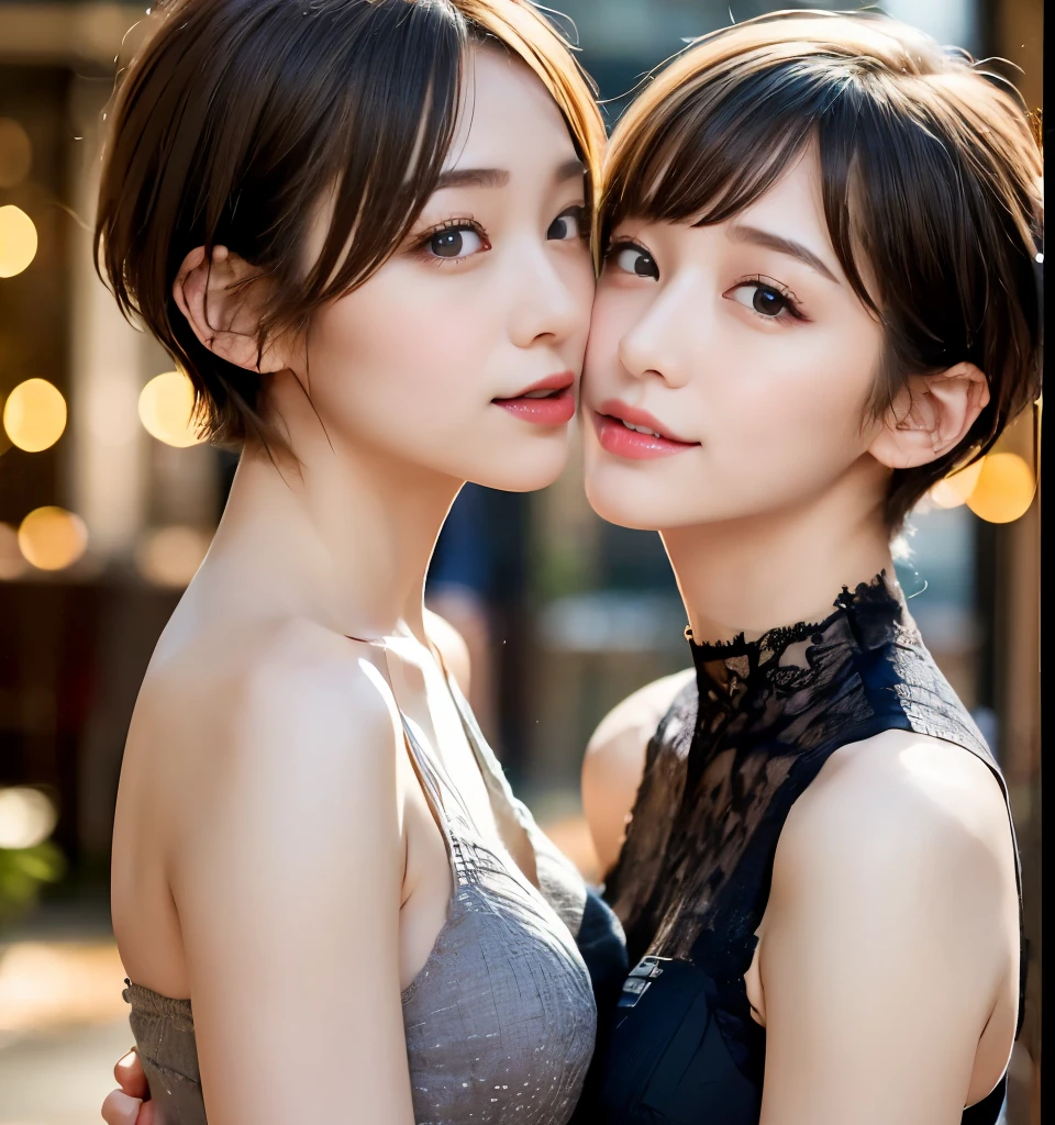 Best Quality、8k、masterpiece、Ultra-high resolution、クリアなphotograph、リアルなphotograph、Realistic、Professional Lighting、photograph、Very cute３people、(Bian、same-sex love、Love each other)、White skin、(Very short hair:1.6)、Brown Hair、(Small breasts、Flat Chest)、Big erect nipples、Exquisite appearance、(Affectionate３people:1.8、Kiss３people:1.8、Embrace each other:1.8、Put your lips on it:1.6)、Detailed Background、３peopleアイドルグループのメンバー:1.6、(Wearing white underwear:1.8、Small underwear、See-through underwear)、全身photograph、(Expressions of joy、Ecstasy)
