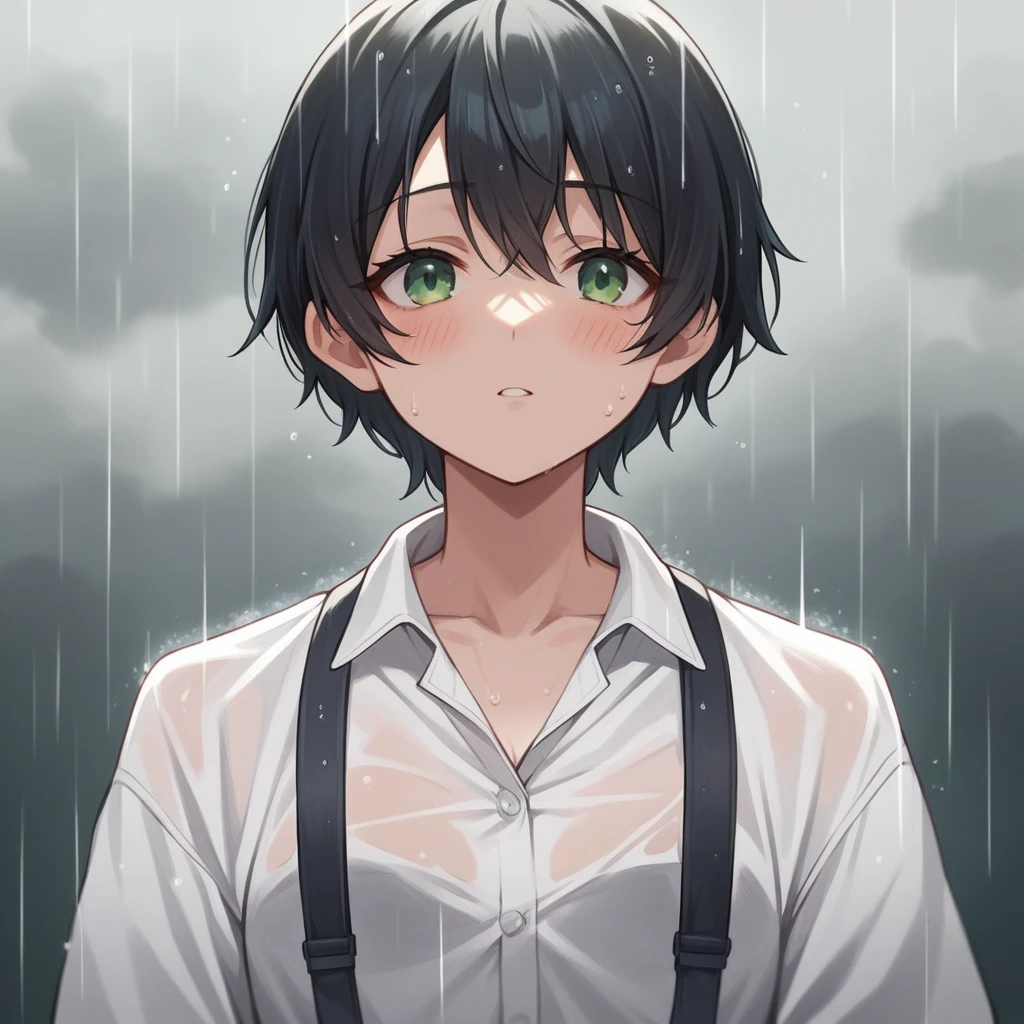 masterpiece，high resolution，Anime Art，Anime Numbers， 4k anime wallpaper，Radiant Skin，Looking at the camera，Solitary，An anime girl，blush，Black hair，White shirt，Open neckline，chest，Green eyes，Facing the audience，Upper body close-up，Rainy Day，Cloudy background