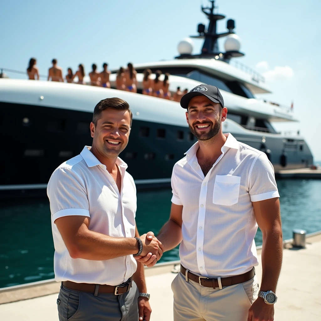 RAW photo, a portrait photo of 40 y.o white man and his lovely wife, formal beach clothes, standing in front of his luxury yacht party, natural skin, 8k uhd, high quality, film grain, Fujifilm XT3 ,beautiful symmetrical face, perfect sparkling eyes, well defined pupils, high contrast eyes, ultra detailed skin
