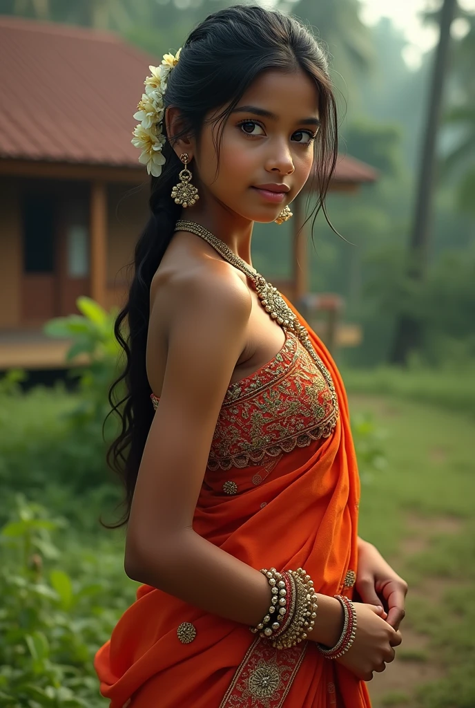 Kerala girl wearing a their traditional style dress her expressions was shy. And she showing a navel little on dress her background was beautiful lake with coconut tress
