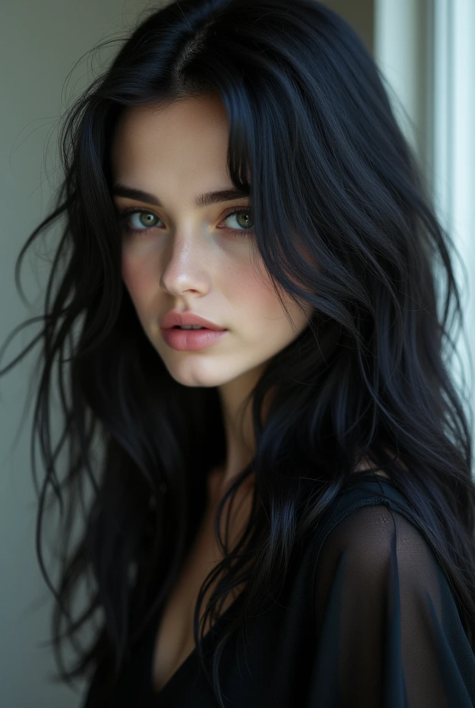 Jovem mulher de , cabelo liso grande de cor preto, com pele bastante branca, olhos escuros. Semblante convicto.