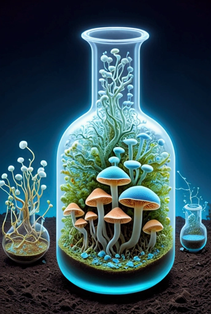 A scientific illustration showing a diverse range of fungi of different shapes and sizes involved in the process of enzyme production. Many are rooted in a nutrient-rich soil, their intricate structures visible above and beneath the surface. Some smaller fungi are producing visible enzymes that are symbolically represented as glowing particles. These particles are floating towards a large glass flask which is acting as a collector for these enzymes. The scene is reminiscent of a natural laboratory, with clear notes of biotechnological implications. The background is a gradient of soft greens and blues, conveying a sense of serene scientific exploration.