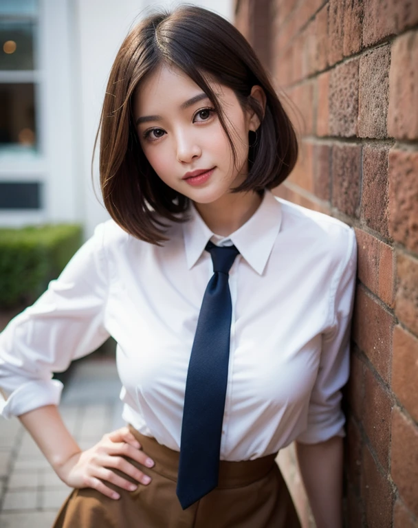 ((Best quality, 8k, Masterpiece: 1.3, raw photo)), Sharp focus: 1.2, (1 AESPA girl: 1.1), (realistic, photo-realistic:1.37), face focus, cute face, kindness, small breasts, flat chest, brunette short messy hair, sitting, (arms up: 1.1), business suit skirt, white shirt, garden, park, sunlight, cinematic lighting