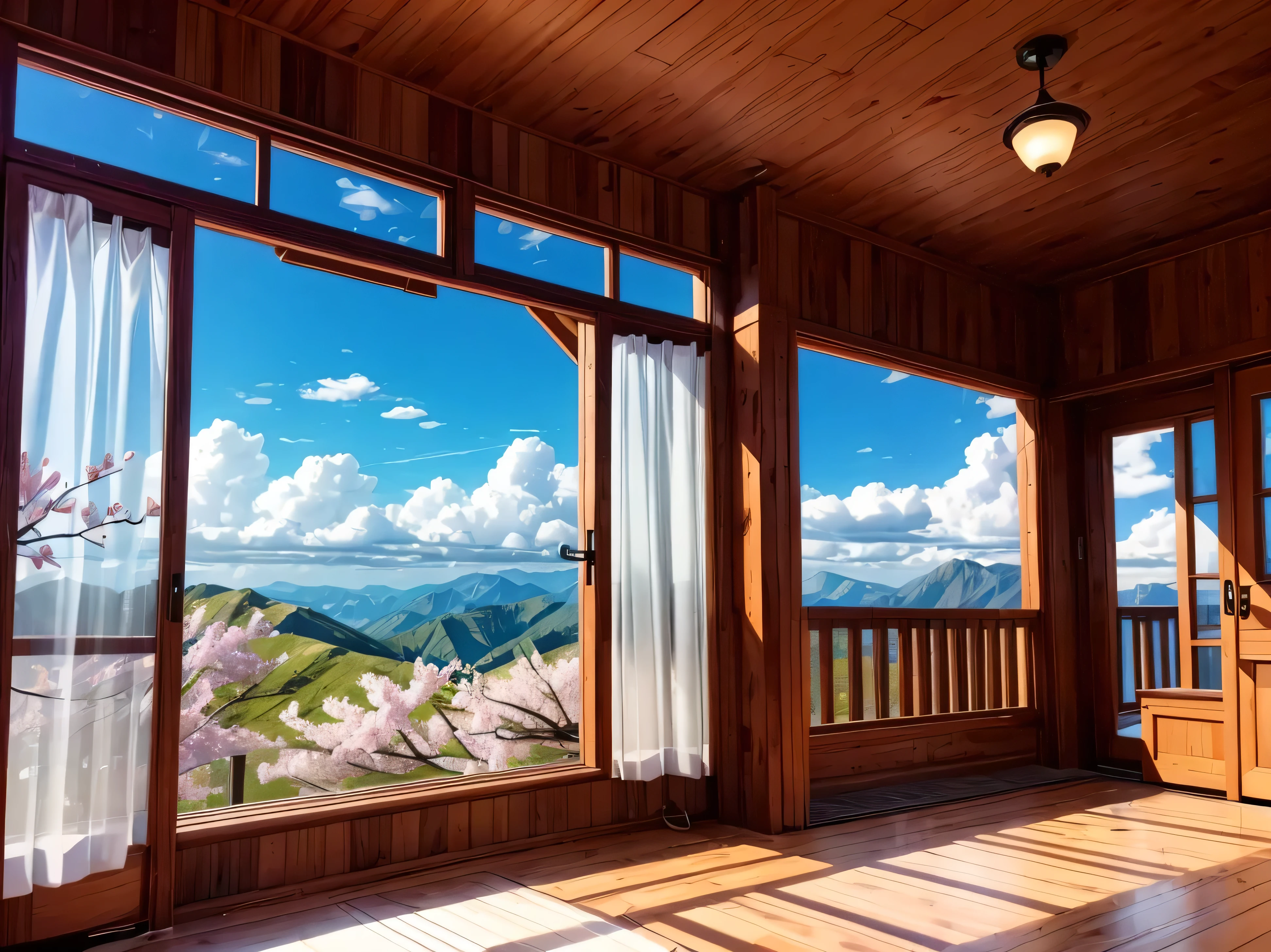 From the window of the mountain hut, you can see the lush green mountains and cherry blossoms in full bloom, the blue sky, white clouds, and the refreshing spring breeze coming into the room and shaking the curtains. A girl sitting and viewing cherry blossoms