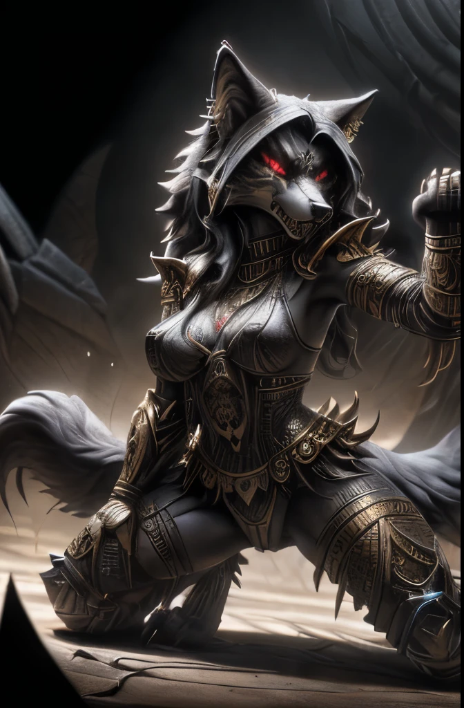 ((feral)), ((wolf)), female, werewolf, feral werewolf, quadruple, monster girl, evil look, sexi, claws, demonic armor, facepaint, bodypaint, red glowing eyes, combat stance, dark aura, menacing, psychotic, highly detailed, vibrant appearance, creative behavior, imaginative, sensual, spontaneous, highest quality, skin texture, intricate details, (cinematic lighting), RAW photo, 8k, masterpiece,best quality,ultra-detailed,very detailed illustrations,extremely detailed,intricate details,highres,super complex details,extremely detailed 8k cg wallpaper,