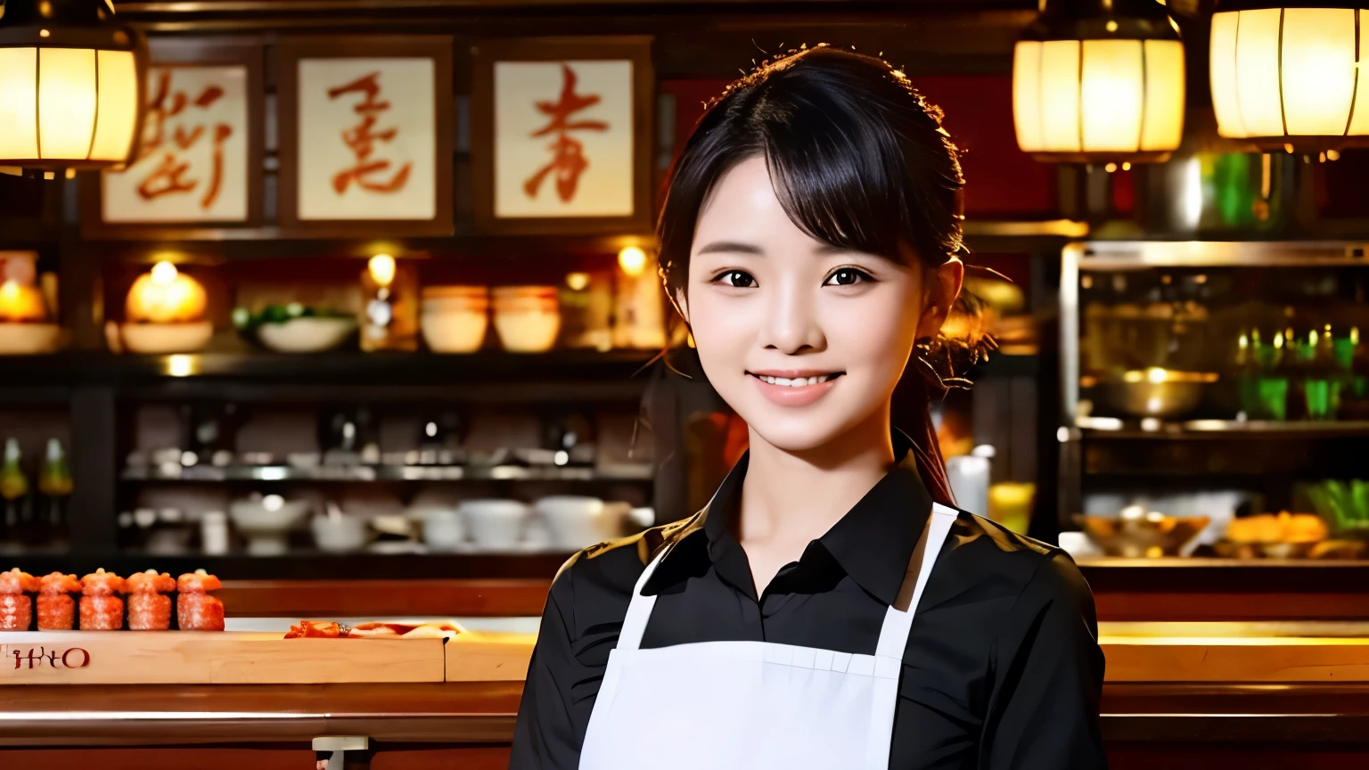 Make it the same face of the woman you created last time.、she wears a black bandana and a black colored shirt、Please draw a part-time job at a Hakkenden-style yakitori restaurant.。her perspective is、Toward the customer、While writing an order、Keeping your expression the same as before、Please express the lively atmosphere typical of a yakitori restaurant.。It would be nice if the background had details typical of a yakitori restaurant.。Keep an eye out for vibrant colors and details。