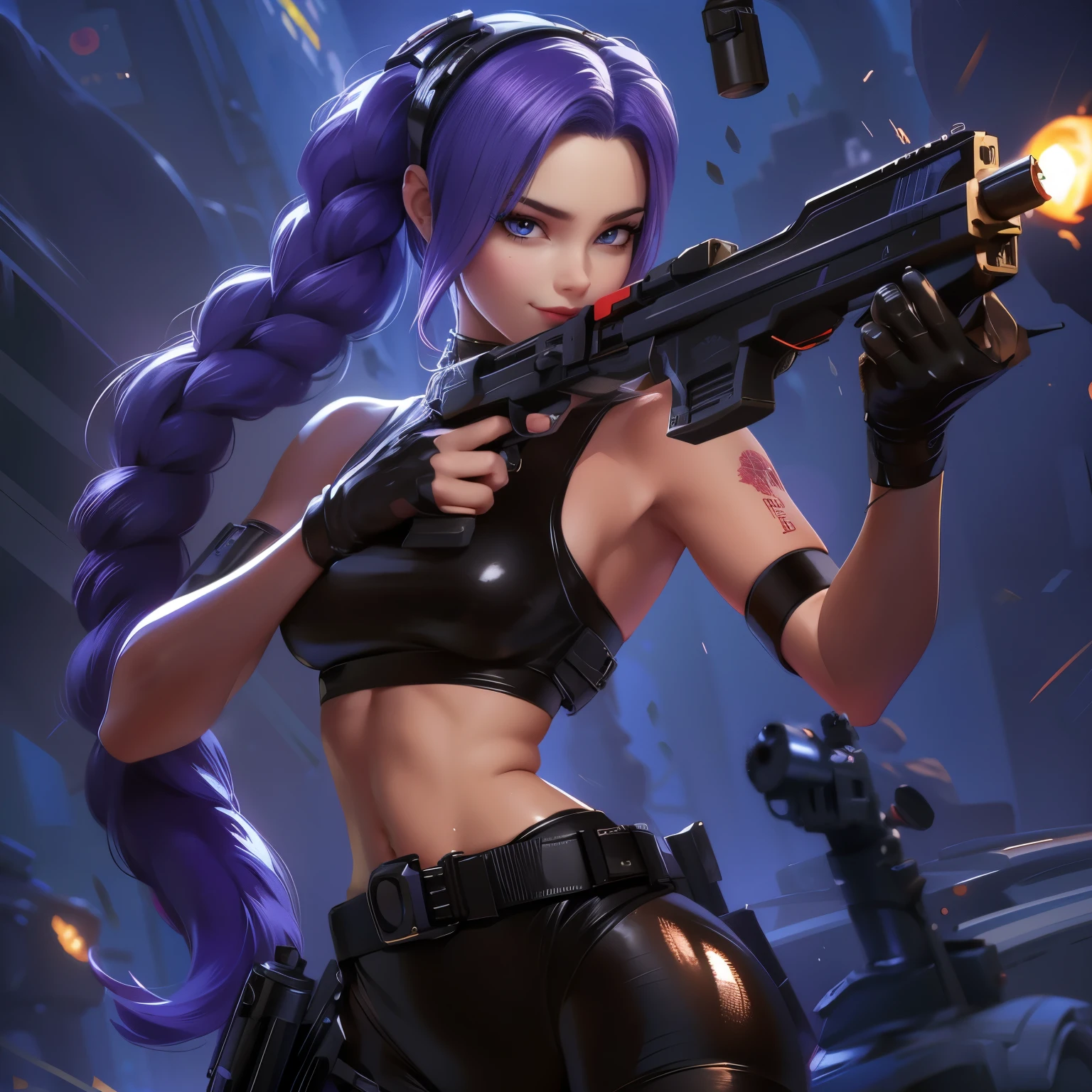 Beautiful female sniper，Purple long hair，Holding a gun with both hands and beautiful rose-red eyes，Red lips，Pretty face，Exquisite，，Wearing black tights，Raise your hand handsomely，Swing a gun to attack the opponent，When sniping，Grim expression，Handsome face，She is holding a futuristic pistol，Smiling at the audience，The background is a cyberpunk city