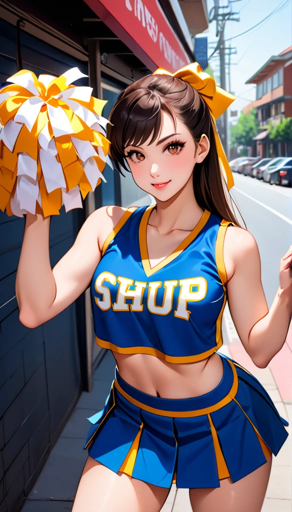 ((cheerleader, clothes writing, crop top, sleeveless shirt, midriff, miniskirt, pleated skirt, holding pom poms:1.2)),score_9, score_8_up, score_7_up, break, score_9, 1girl, Chun-Li,street fighter, black hair, brown eyes, long hair, breasts, looking at viewer, sexy pose, cowboy shot,eyelashes,アメリカンフットボールスタジアム