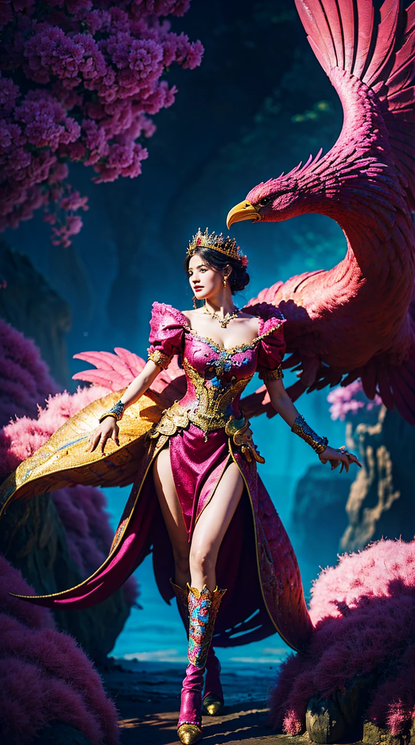 a woman in a colorful dress holding a large bird, 8k high quality detailed art, a beautiful fantasy empress, detailed digital, , 4k highly detailed digital art, detailed fantasy digital art, colorfull digital fantasy art, detailed painting 4 k, 2. 5 d  fantasy artwork, fantasy illustration, beautiful digital artwork,FULL HD,16K