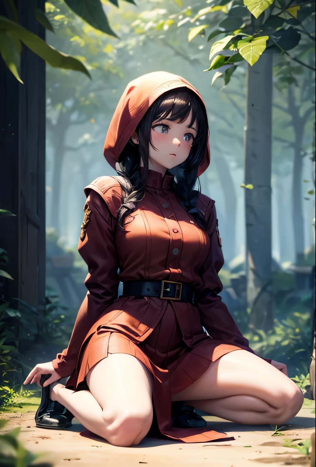 1 girlirl，ultra - detailed，tmasterpiece，illustratio，chest circumference，Sit on a stone facing ahead，Petite woman，Red long-haired，red color eyes，Shy face，Lively body，White hooded cape and shorts，An adventurer