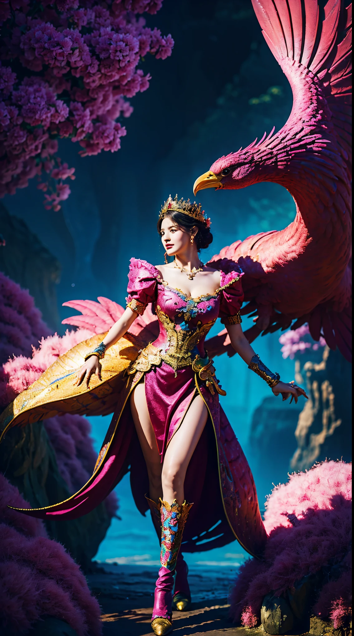 a woman in a colorful dress holding a large bird, 8k high quality detailed art, a beautiful fantasy empress, detailed digital, , 4k highly detailed digital art, detailed fantasy digital art, colorfull digital fantasy art, detailed painting 4 k, 2. 5 d  fantasy artwork, fantasy illustration, beautiful digital artwork,FULL HD,16K