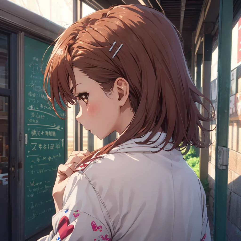 (((Misaka Mikoto)))looking  ahead ((side view ))masterpiece best quality high resolution 1girl, , blush, , hair ornament, heart, heart-shaped pupils, heart background, , long hair, short kimono  1080p