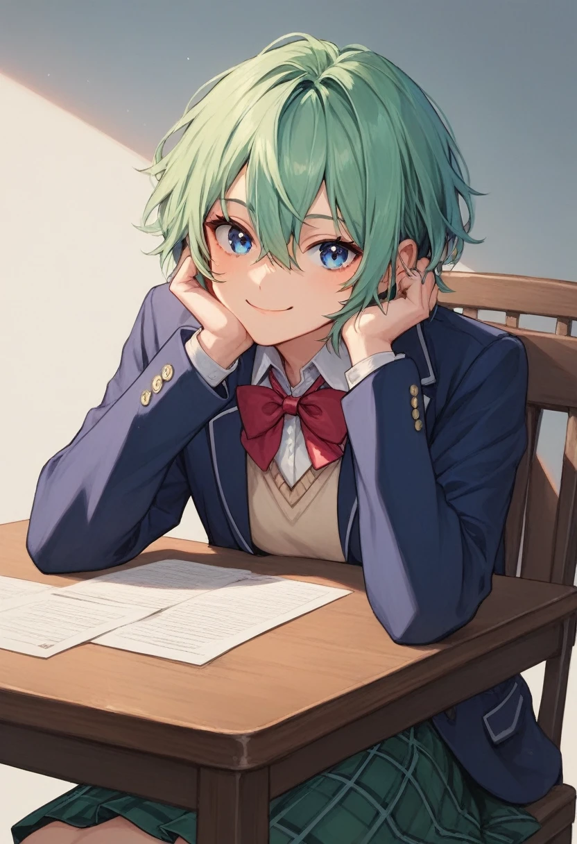 green hair, hair between eyes, short hair, blue eyes, jewelry, blue jacket, open jacket, blazer, red bowtie, sweater vest, white shirt, long sleeves, green skirt, plaid skirt, ankle stocking, school uniform, happy face, headphone on neck, ((sit on chair)), ((head rest on table))