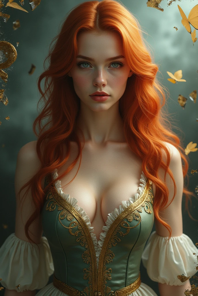 (masterpiece, photorealistic:1.4, extremely intricate:1.6), (photon mapping, radiosity, physically based rendering, ultra resolution, hyper-realistic, photorealistic:1.4, hyper-realistic, 8K, rtx), ((fourteen years old [bodybuilder:supermodel:0.5], (age girl, ((organza lace yellow long gown, lace gloves), wind, windy, closeup portrait, (sparkling crown)), cloak, filigree, etched, long straight [bright red hair:blonde hair:0.8], [large breasts:gigantic breasts:0.4], [green eyes:clear eyes:0.5])))