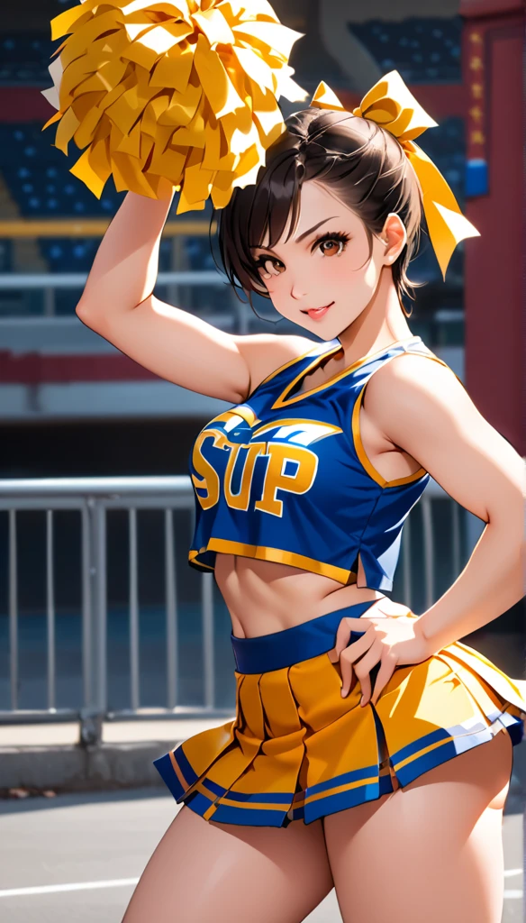 ((cheerleader, clothes writing, crop top, sleeveless shirt, midriff, miniskirt, pleated skirt, holding pom poms:1.2)),score_9, score_8_up, score_7_up, break, score_9, 1girl, Chun-Li,street fighter, black hair, brown eyes, short hair, breasts, looking at viewer, sexy pose, cowboy shot,eyelashes,アメリカンフットボールスタジアム